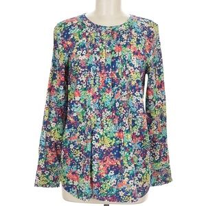 Talbots Blue Ditzy Floral Print Pin-tuck Yoke Long Sleeve Blouse Medium Petite
